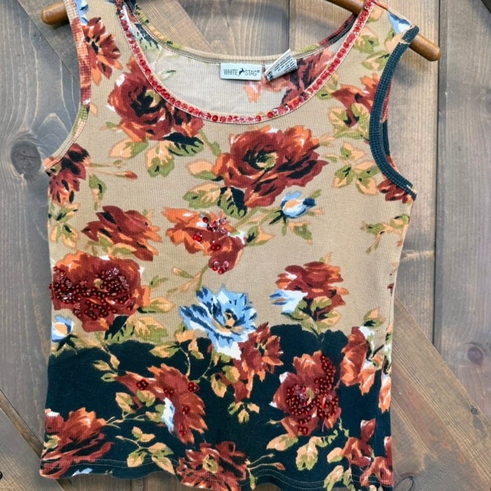 White Stag Tank Top Womens S Small Tan Good Floral Sequin Ribbed Sleeveless